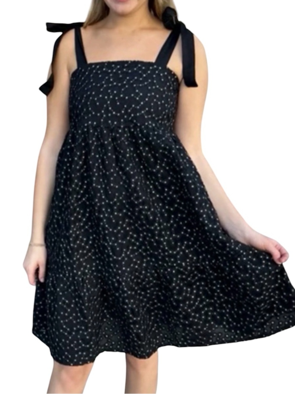 NWT THML Black Gold Metallic Embroidered Tie Strap Midi Dress Feminine Coquette - Picture 2 of 11